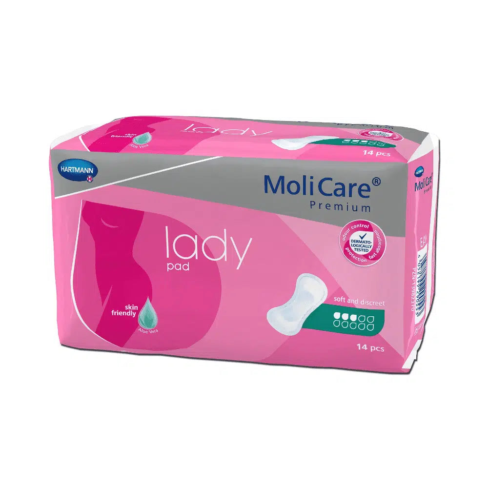 A pack of Hartmann MoliCare® Premium lady pad inserts with 14 pieces. The pink packaging shows a product image and is labeled with the words "soft and discreet" with an absorbency of 4 drops, ideal for light bladder weakness, and a "skin-friendly" symbol. Paul Hartmann AG