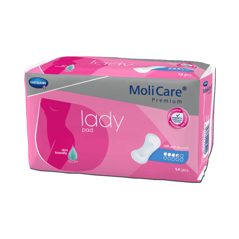 A pack of Hartmann MoliCare® Premium Lady Pad inserts is displayed. The packaging is pink with purple and white design and shows the product name and brand logo. The pack contains 14 pads, ideal for light bladder weakness, and emphasizes that the product is skin-friendly, soft, and discreet.