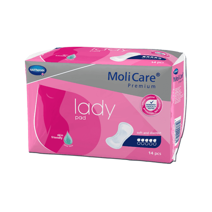 A pack of Hartmann MoliCare® Premium Lady Pad inserts with 14 pieces. The packaging is pink and purple and has a white drop symbol indicating that it is skin-friendly for people with light bladder weakness. The text on the packaging includes "soft and discreet" and the logo "Paul Hartmann AG" in the upper left corner.