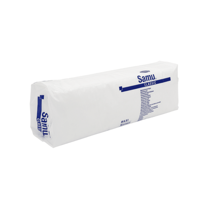 A sealed, white plastic packaging with disposable gloves Hartmann Samu® Classic Maxi Maternity Pad by Paul Hartmann AG. The product label contains blue text and trademark with additional product information.