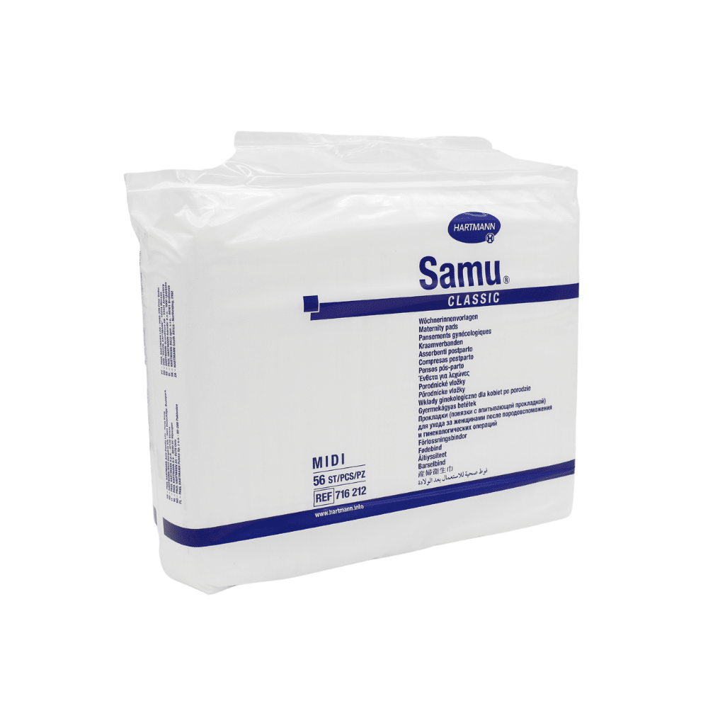 A white package of Hartmann Samu® Classic Midi maternity pads from Paul Hartmann AG contains 56 absorbent inserts with blue multilingual text and highly absorbent cellulose flakes for reliable protection.