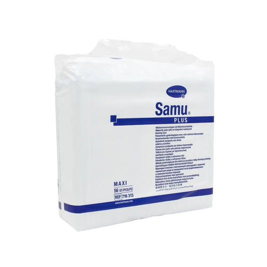 A sealed package of Hartmann Samu® Plus Maxi postpartum pads by Paul Hartmann AG (56 pieces), ideal for reliably protecting underwear, comes wrapped in clear plastic with blue product information on the front.