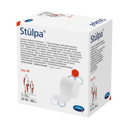 A box of Hartmann Stülpa® tubular bandage, ready-made bandage with text and illustrations on a white background, containing information on size, length, and application instructions in various languages, with images demonstrating the application of the tubular bandage.