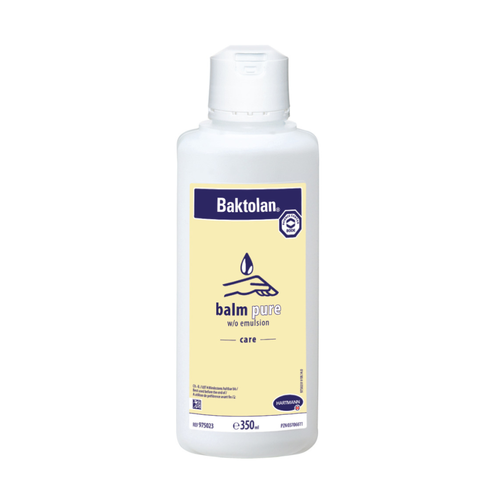 A 350 ml white plastic bottle with a dispensing item from Paul Hartmann AG: Baktolan® Lotion skin care balm with a yellow label, blue text, and white flip-top cap; offers moisturizing skin care as a W/O emulsion.