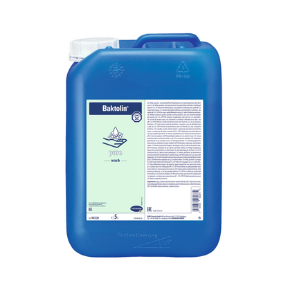 A 5-liter blue plastic canister with Hartmann Baktolin® pure wash lotion, labeled in German and showing a hand wash symbol on the front. The container is intended for dispensing a liquid hand wash lotion with a skin-neutral pH value. The product is manufactured by Paul Hartmann AG.