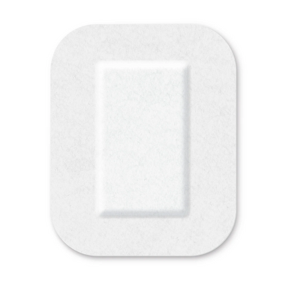 A white, square button with rounded edges and a slightly raised, rectangular center, equipped with a sterile adhesive layer of Cosmopor® silicone on a clear background by Paul Hartmann AG.