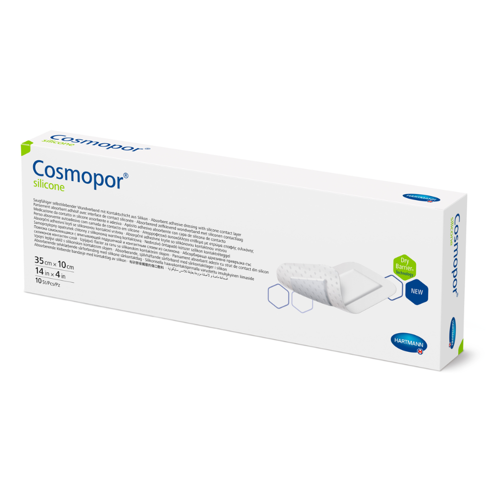 Packaging box with sterile silicone wound dressing Hartmann Cosmopor®, showing the product and its specifications, including size and quantity. The box is predominantly white with blue and green accents.
