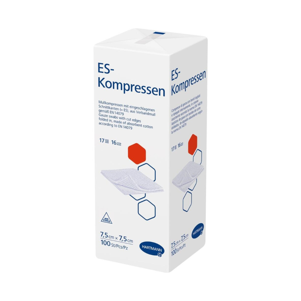 Box with Hartmann ES compresses 17-ply, 16-fold, non-sterile sterile gauze compresses from Paul Hartmann AG. On a white background, there are text and graphics with detailed product specifications and instructions for use.