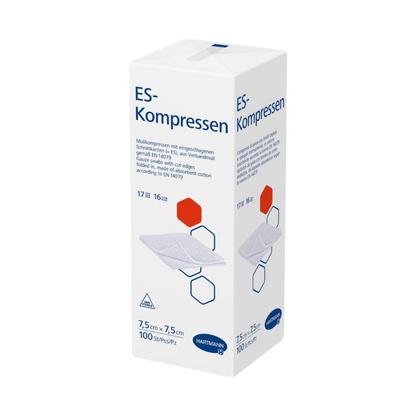 Box with Hartmann ES compresses 17-ply, 16-fold, non-sterile sterile gauze compresses from Paul Hartmann AG. On a white background, there are text and graphics with detailed product specifications and instructions for use.
