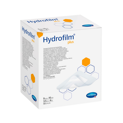 A box of Hartmann Hydrofilm® Plus transparent dressings by Paul Hartmann AG, with product text and details, presented with an image of the dressings on the side.