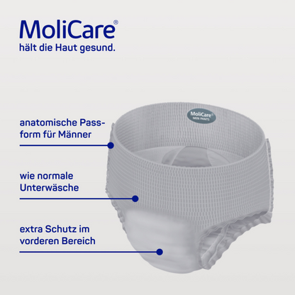 An image of a white, textured MoliCare Premium Men Pants 5 Drops incontinence briefs by Paul Hartmann AG. It features an anatomical design for men, normal waist fit, and additional front protection. The text in German describes the health benefits for the skin.