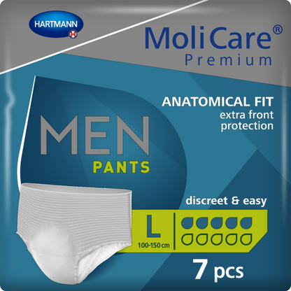 Packaging of MoliCare Premium Men Pants 5 Drops by Paul Hartmann AG, designed for light bladder weakness, in size Large with 7 pieces, focusing on additional front protection and discreet, simple fit. The packaging shows a product image and highlights the anatomical fit.