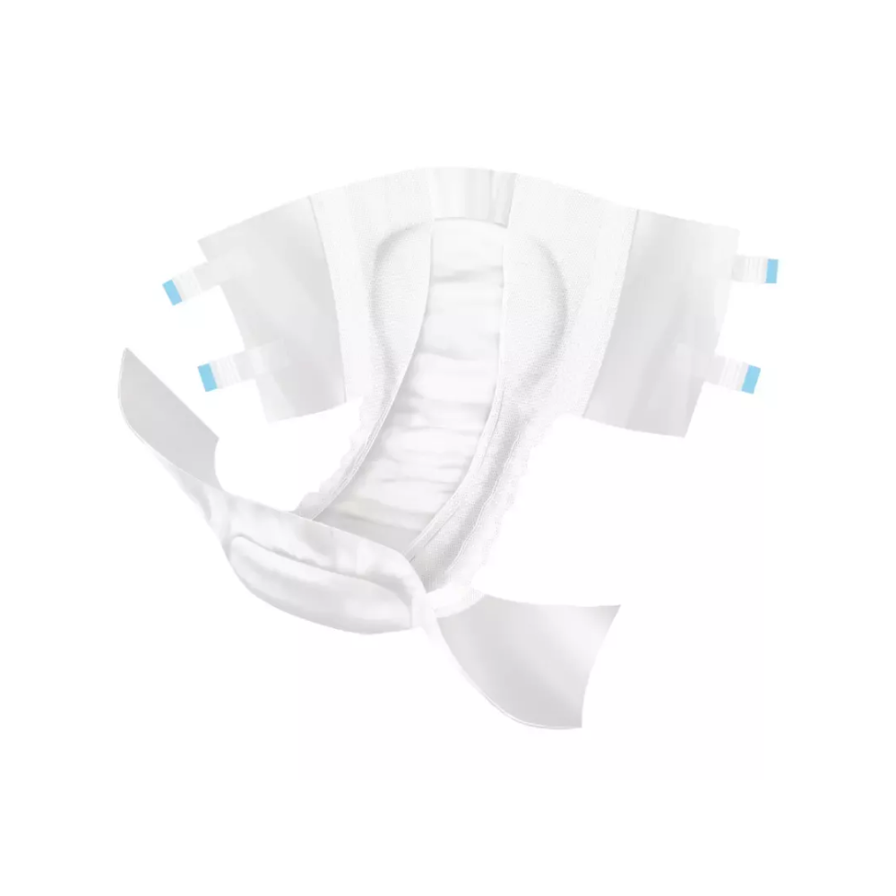 A Hartmann MoliCare Slip Day incontinence pants with adhesive tabs from Paul Hartmann AG lies open and flat on a white background, showing absorbent padding and side flaps for effective protection against urinary and fecal incontinence.