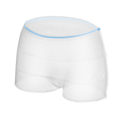 The Hartmann MoliCare® Fixpants mesh pants by Paul Hartmann AG are semi-transparent, white disposable underpants made of mesh material with a blue waistband and are ideal for single use with incontinence pads. Pictured on a plain white background.