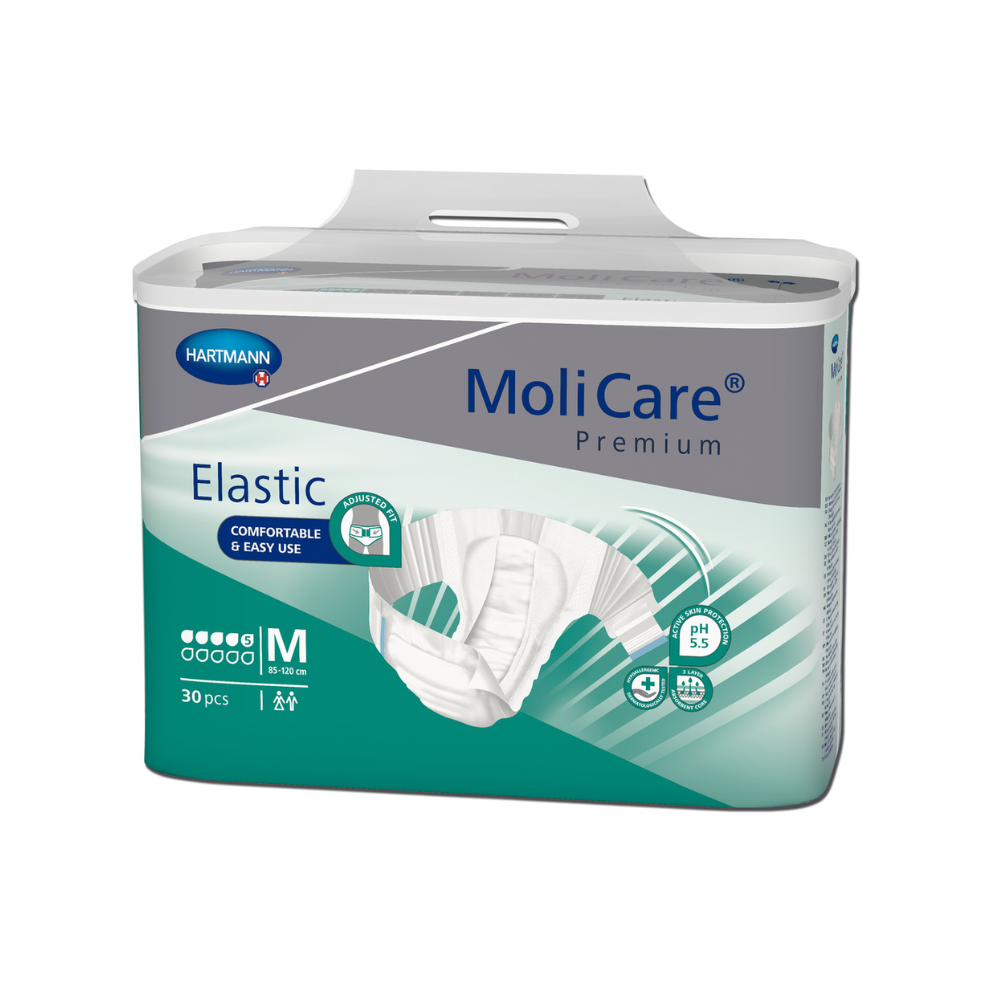 A pack of medium-sized adult diapers MoliCare® Premium Elastic 5 drops by Paul Hartmann AG. The three-part pack highlights comfort and easy handling on the predominantly blue-green and white packaging.