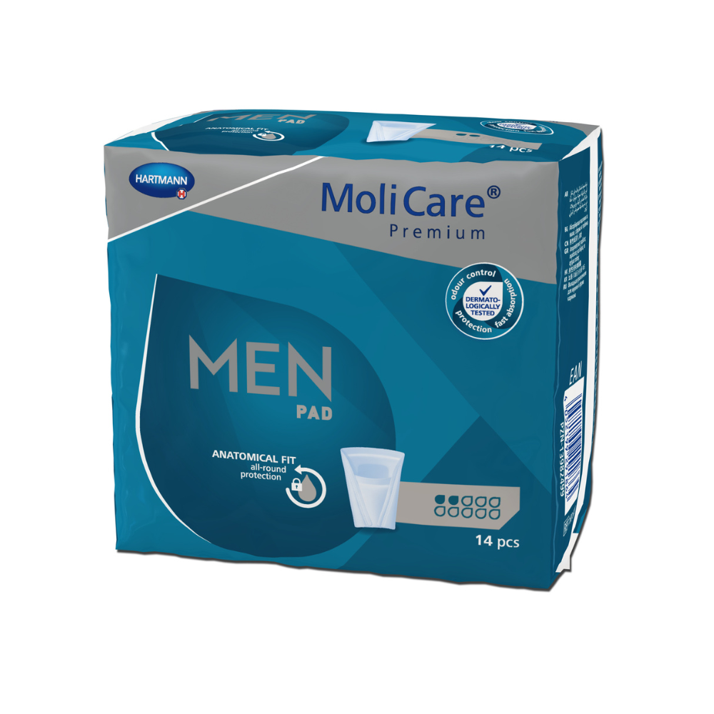 A blue package with Hartmann MoliCare® Premium MEN PAD insert - 14 pieces, with anatomical fit for optimal protection. The packaging also features symbols indicating product characteristics.