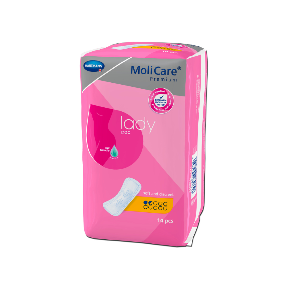 Pictured is a pack of Hartmann MoliCare® Premium lady pad inserts from Paul Hartmann AG. The pink packaging with white and blue text shows the image of an insert. It contains 14 pieces and is characterized by features such as soft and discreet, ideal for light bladder weakness.