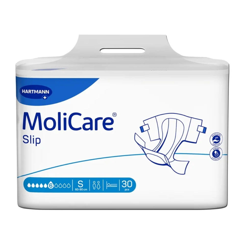 A pack of Hartmann MoliCare® Slip 6 drop incontinence slip diapers, showing a predominantly white plastic container with brand and product details. The graphic of a diaper is visible, and so it is.
