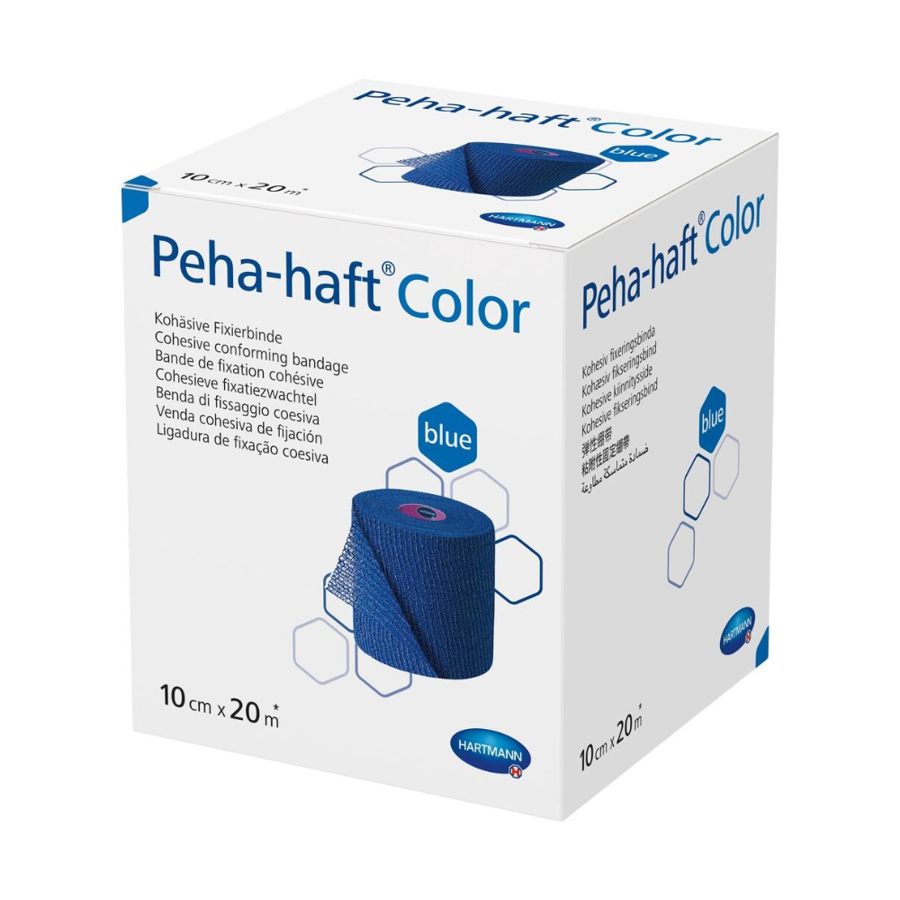 A box with Paul Hartmann AG Hartmann Peha-haft Color elastic fixation bandage blue, 10 cm x 20 m, on a white background. The box contains text and graphics that describe