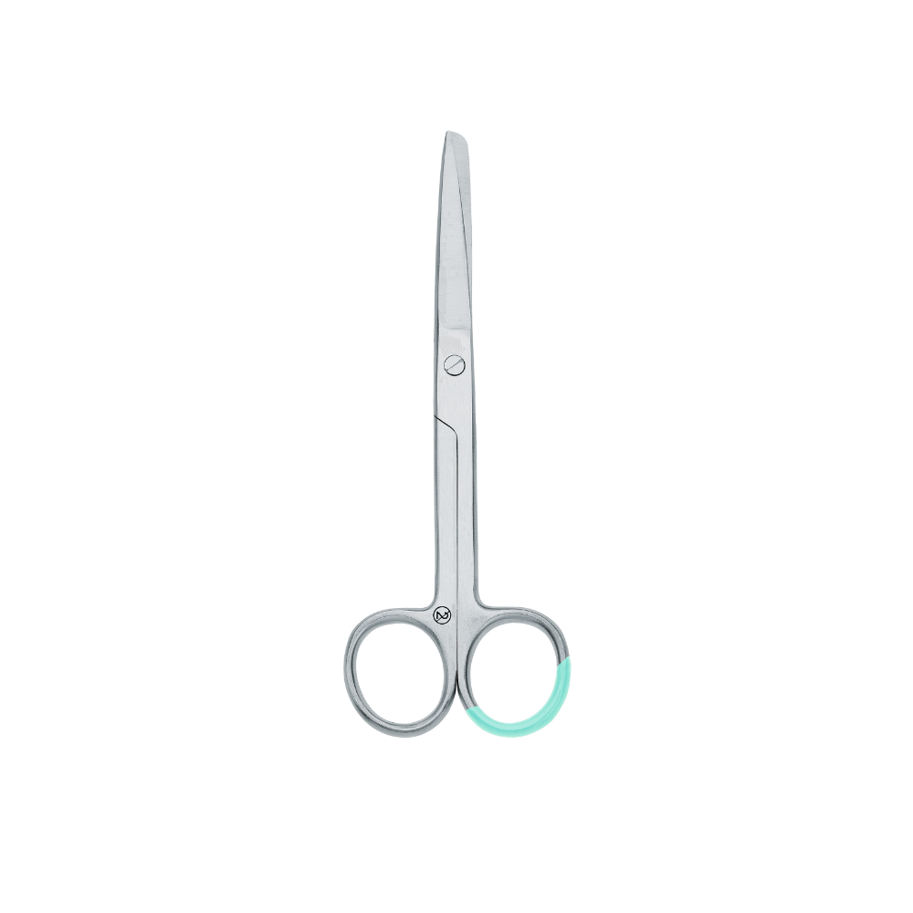 A pair of Hartmann surgical scissors with straight stainless steel blades and rounded tips from Paul Hartmann AG, with light blue rubber grips for added comfort, is fully closed on a white background.