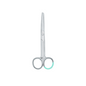A pair of Hartmann surgical scissors with straight stainless steel blades and rounded tips from Paul Hartmann AG, with light blue rubber grips for added comfort, is fully closed on a white background.
