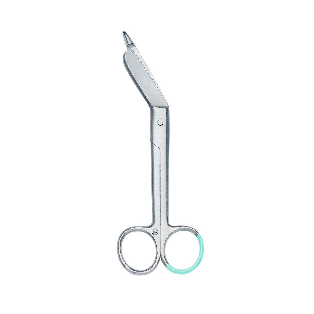 The Hartmann bandage scissors 16cm P20 from Paul Hartmann AG is a medical instrument made of stainless steel with an angled blade and blunt tip. The standard loop handle is turquoise, making it ideal for precise applications. The scissors are packaged in sets of 20 pieces and isolated on a white background.