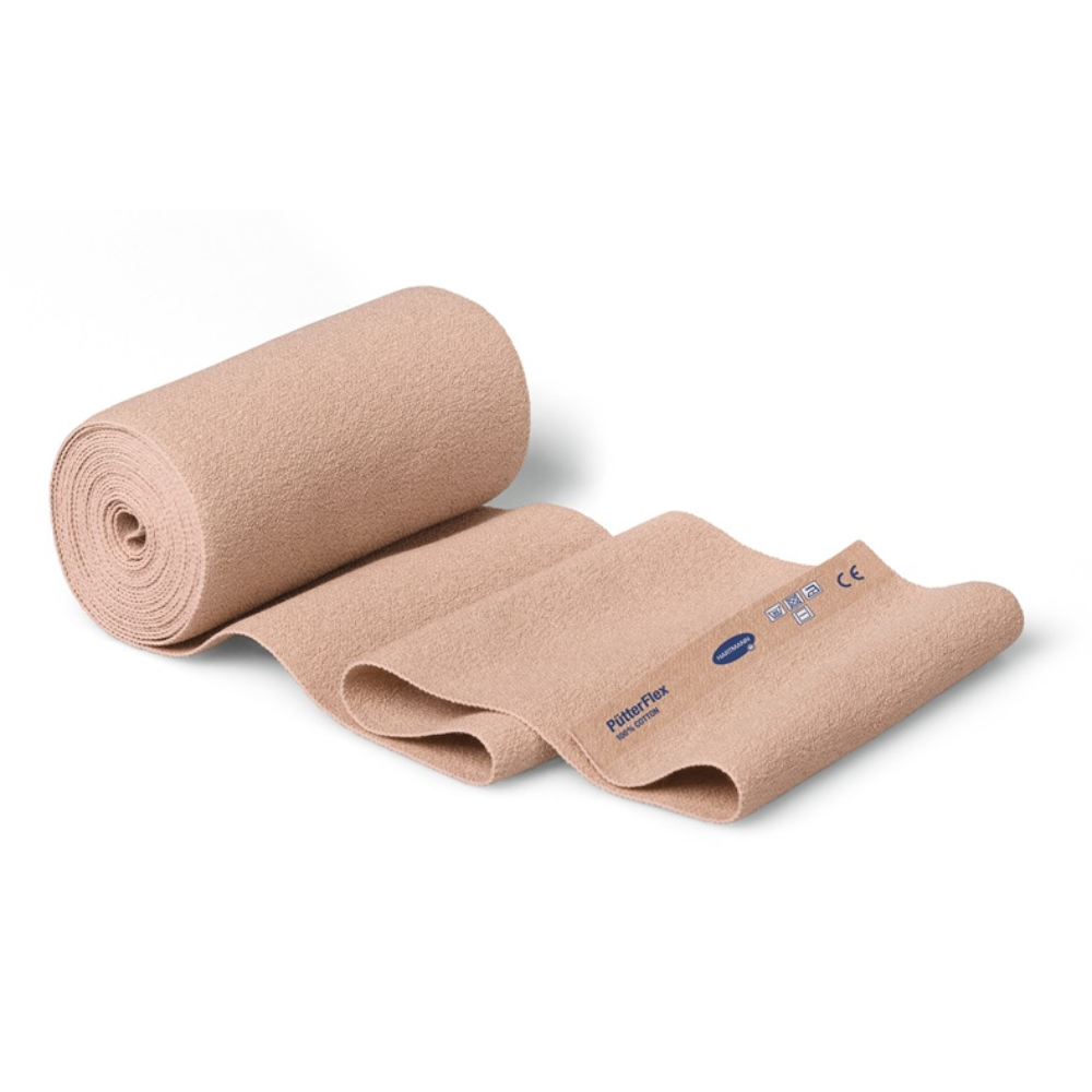 Two beige, rolled-up elastic Hartmann PütterFlex bandages with blue labels showing the brand and certification symbols of Paul Hartmann AG, arranged on a white background.