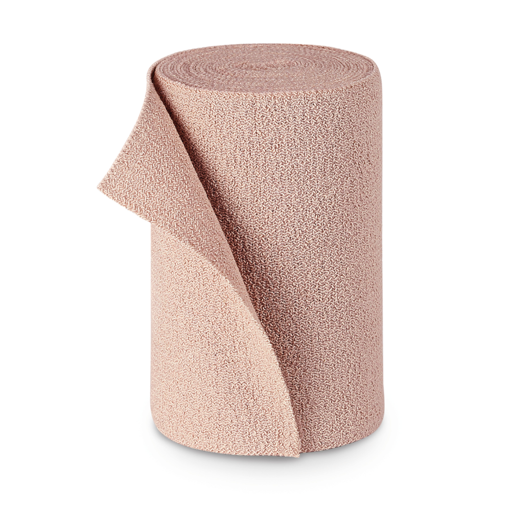 A roll of light brown textured PütterFlex fabric from Paul Hartmann AG, standing upright with a slightly unrolled end, against a white background.