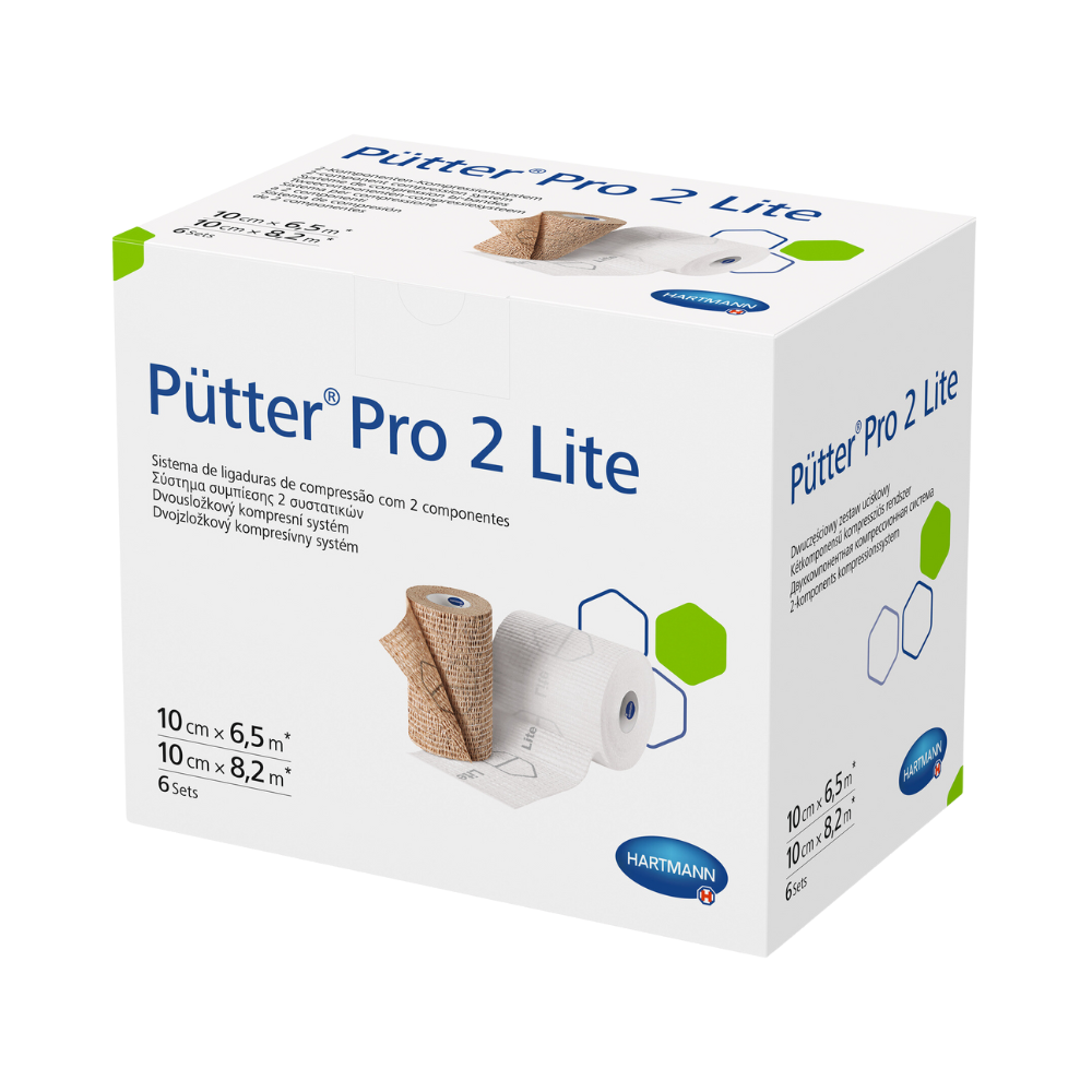 A product box for the Hartmann Pütter® Pro 2 Lite compression bandage set system, displaying information about the product dimensions and usage on a white background. The box is white with blue and green accents.
