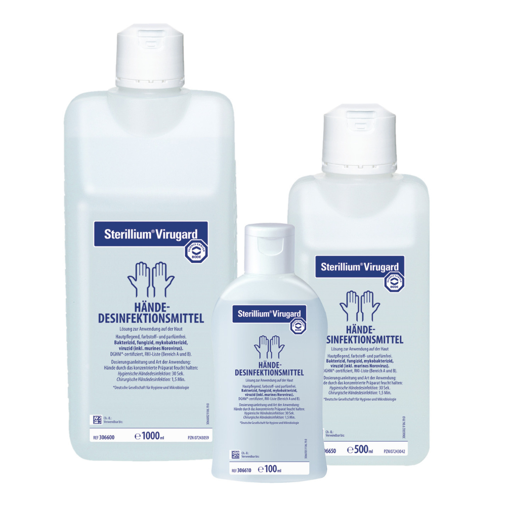 Three containers of BODE Sterillium® Virugard hand disinfectant in various sizes (1000 ml, 500 ml, and smaller bottle), decorated with blue and white labels, arranged. Brand name: Paul Hartmann AG.
