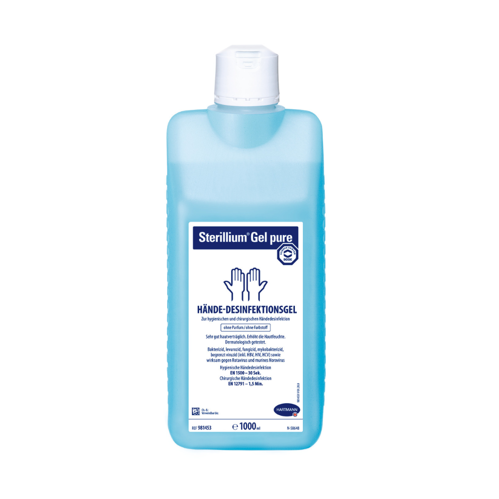 A bottle of Hartmann Sterillium® Gel pure hand disinfectant gel in light blue color with a white cap and label with detailed product information in German. The container size is 1000 ml.