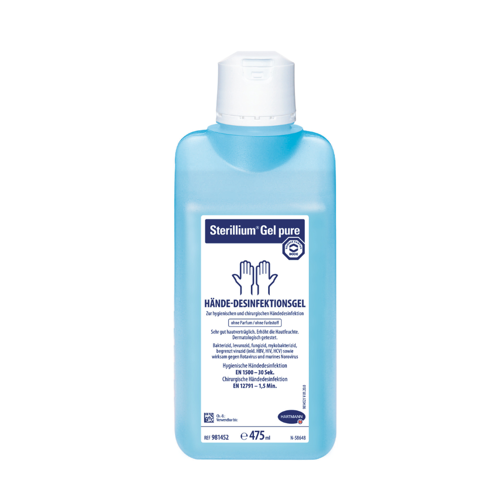 A bottle of Hartmann Sterillium® Gel pure, a hand disinfectant gel for sensitive skin, is presented frontally. The label is mainly in blue and white and contains text with detailed information on product use and information.