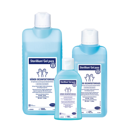 Three bottles of Hartmann Sterillium® Gel pure hand disinfectant gel in different sizes. The largest bottle holds 1000 ml, followed by a 475 ml and the smallest 100 ml. Brand: Paul Hartmann AG