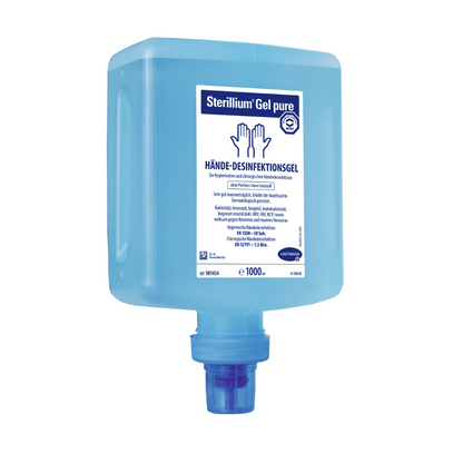 A blue container with Hartmann Sterillium® Gel pure hand disinfectant gel, which has a tap at the bottom and is labeled with instructions for use and contents in German. The container indicates a capacity of.