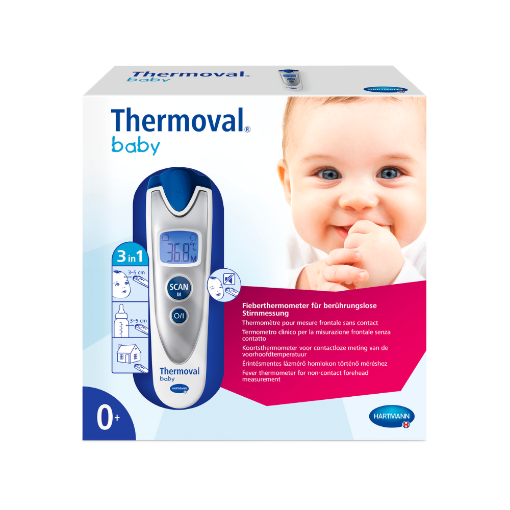 Auf der Verpackung des Hartmann Thermoval Baby SK1 P1 von Paul Hartmann AG ist ein digitales Display mit 36,6 °C neben dem Gesicht des Babys abgebildet. Dadurch wird die sichere und genaue berührungslose Temperaturmessung mittels Infrarot-Technologie hervorgehoben, die das Gerät ideal für Säuglinge macht.