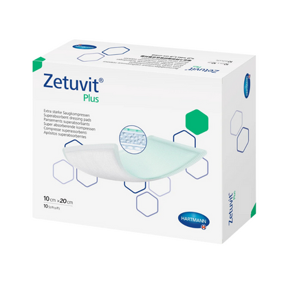 A box of Hartmann Zetuvit® Plus superabsorbent wound dressings by Paul Hartmann AG with ten pads of size 10 x 20 cm, with an image of a pad on the box.