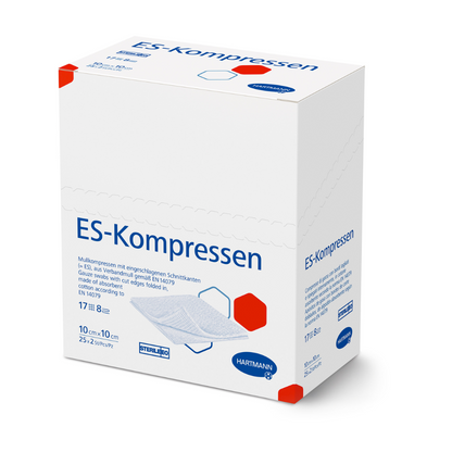 A box with sterile Hartmann ES Compresses 12-ply gauze compresses, with German text, marked by red and blue accents. The specified size is 10 cm x 10 cm from Paul Hartmann AG.