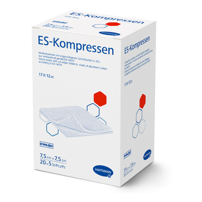 A box of medical gauze compresses ES Compresses from Paul Hartmann AG, size 7.5 cm x 7.5 cm, with product details and diagrams in red and blue on it