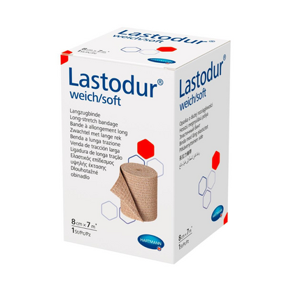 A product image of a Hartmann Lastodur® Soft long stretch bandage box by Paul Hartmann AG. The box is labeled for a long stretch bandage, mainly in white with blue and red text and details.