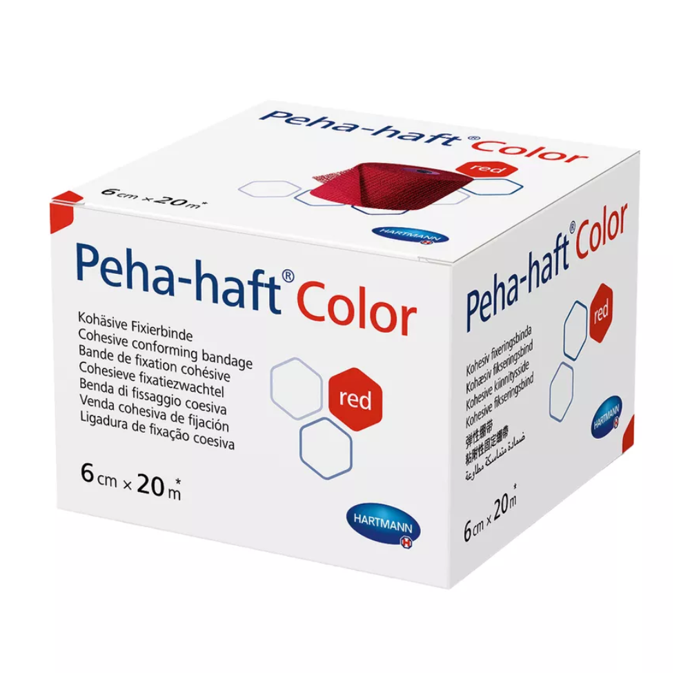 A box of Paul Hartmann AG Hartmann Peha-haft Color elastic fixation bandage with blue color coding. The packaging shows multiple languages and product information, including the dimensions 6 cm x 20