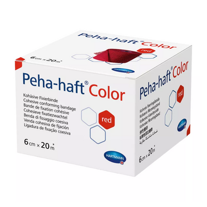 A box of Paul Hartmann AG Hartmann Peha-haft Color elastic fixation bandage with blue color coding. The packaging shows multiple languages and product information, including the dimensions 6 cm x 20
