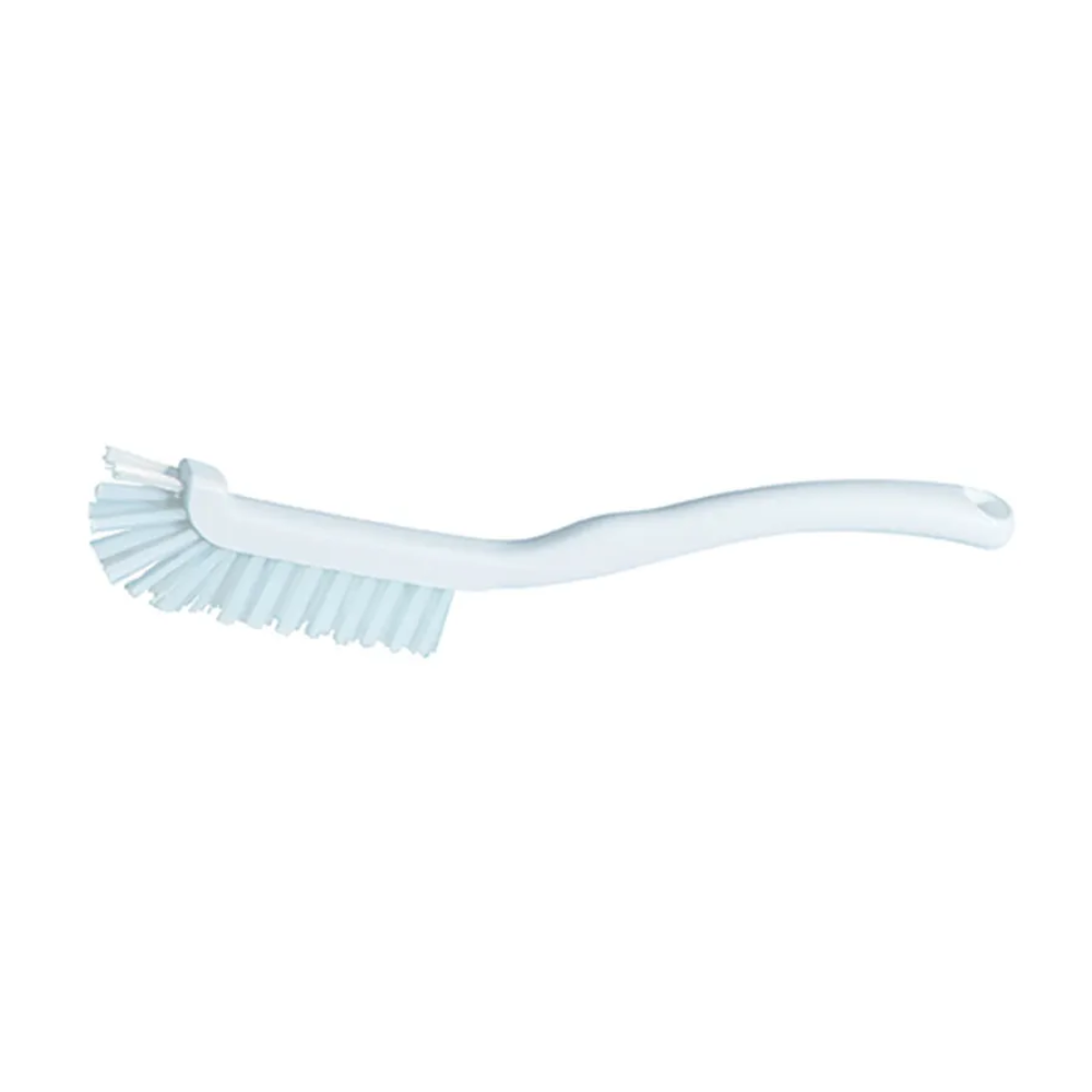 The Haug Bürsten joint brush from Haug Bürsten KG is a white dish brush made of plastic, designed for effective cleaning. It features a curved handle and stiff, angled bristles at the tip, embodying a high hygiene standard. The product is presented on a plain white background and measures 220 x 15 x 50 mm. It is available individually per package.
