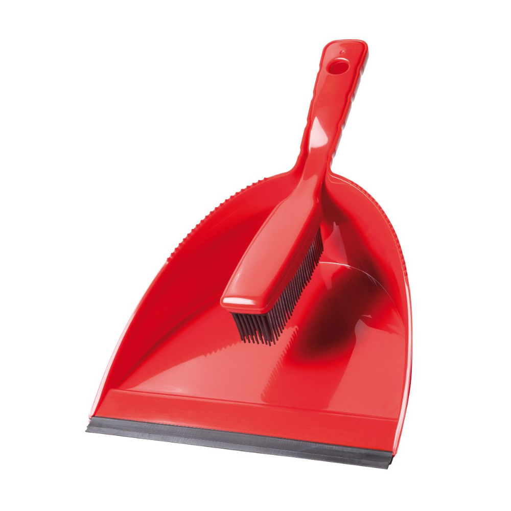 The Haug Bürsten dustpan set in red from Haug Bürsten KG features a compact hand broom that fits perfectly. The dustpan has a soft rubber edge for thorough cleaning and a hanging hole at the end of the handle for convenient storage.