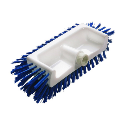 The Haug corner scrubber PBT medium from Haug Bürsten KG has a white plastic body with blue PBT bristles for professional cleaning. A thread at the top in the middle allows easy handle attachment, making it perfect for corner scrubbing. Dimensions: 320x125x110 mm.
