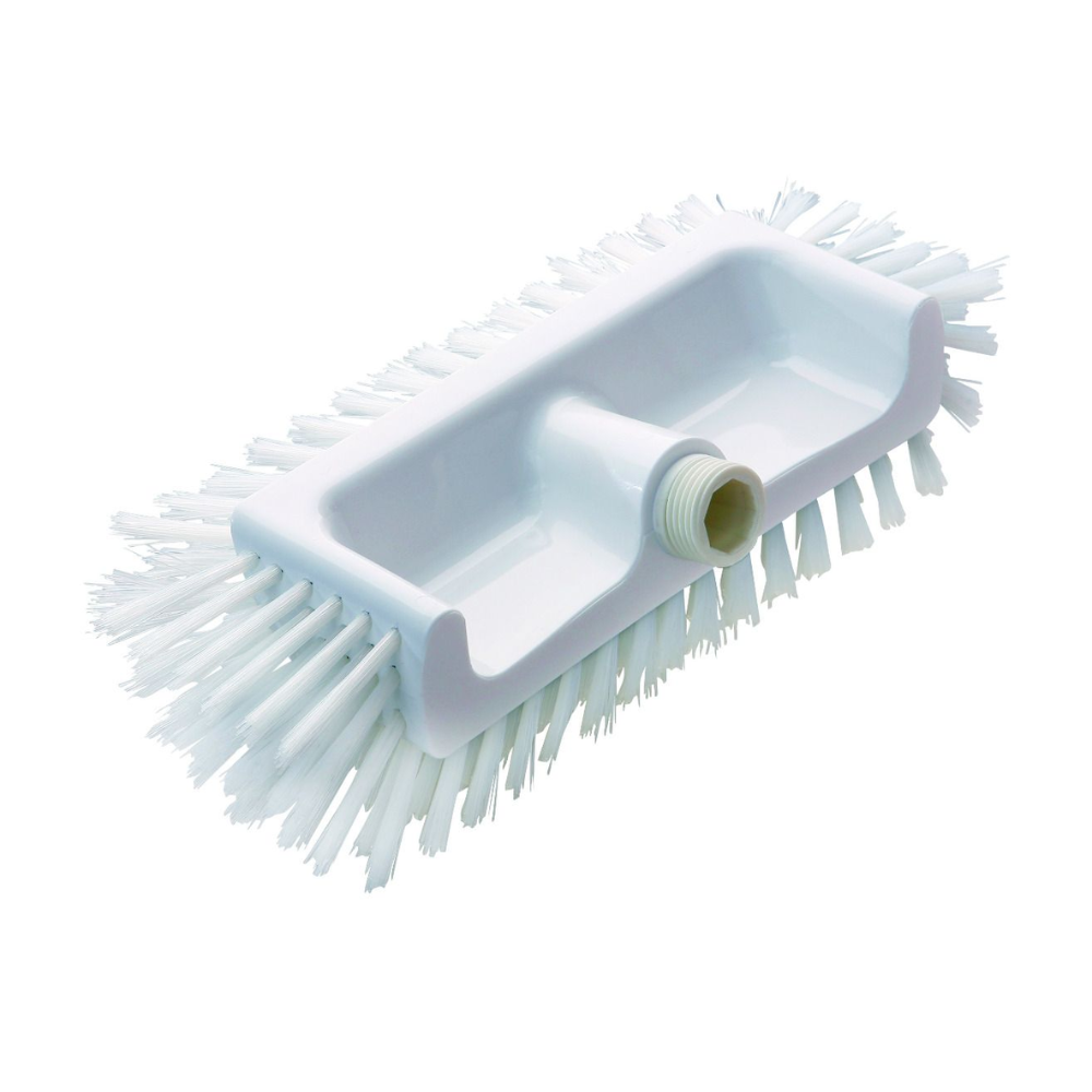 The Haug Bürsten KG corner scrubber PBT medium (320x125x110 mm) has a white scrubber head with stiff PBT bristles protruding from the rectangular base, achieving excellent cleaning results, as well as a threaded hole for handle attachment.