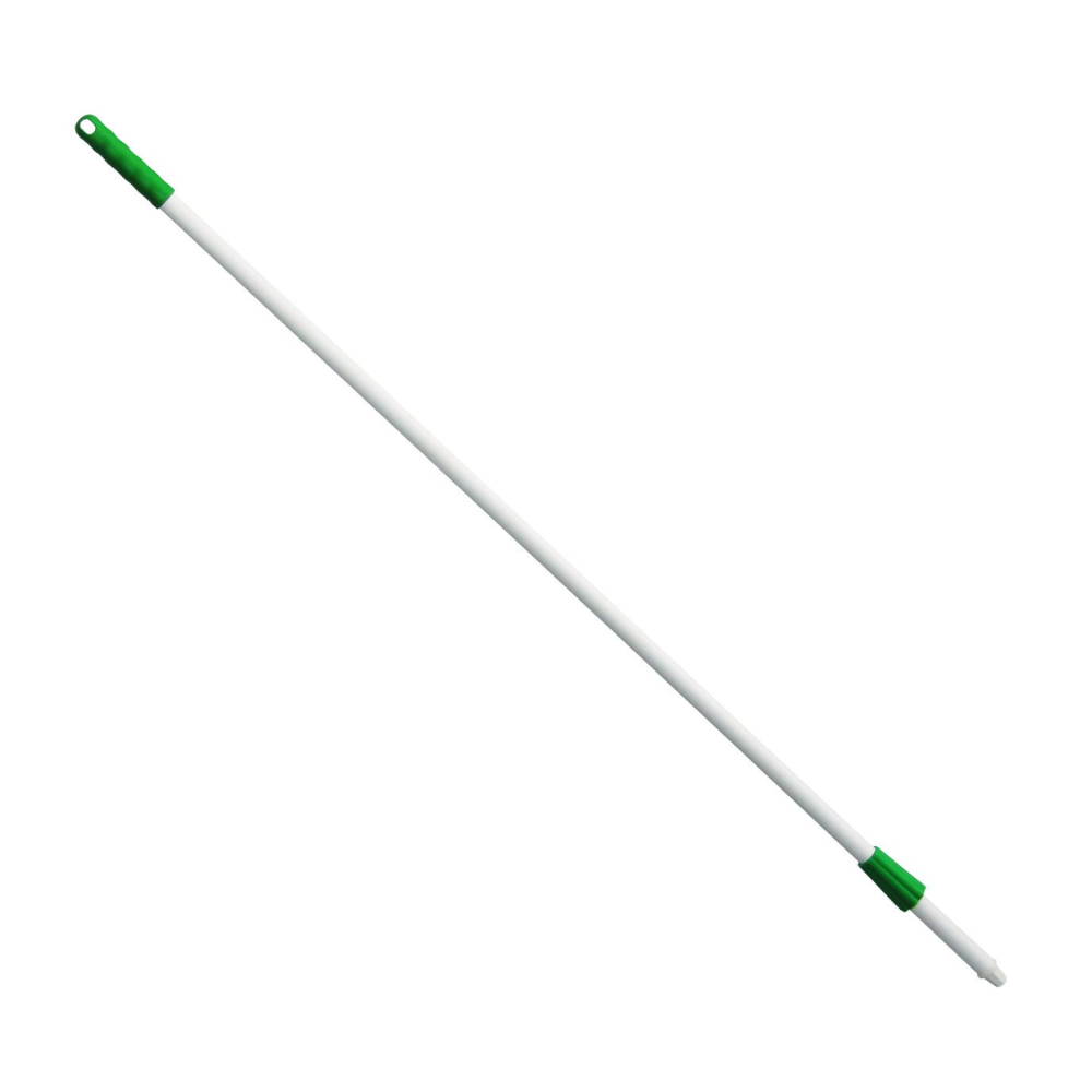 A white-green 1450 mm mop handle made of Haug fiberglass handle, ergonomically designed and built for durability by Haug Bürsten KG, features a hole at the top for hanging.