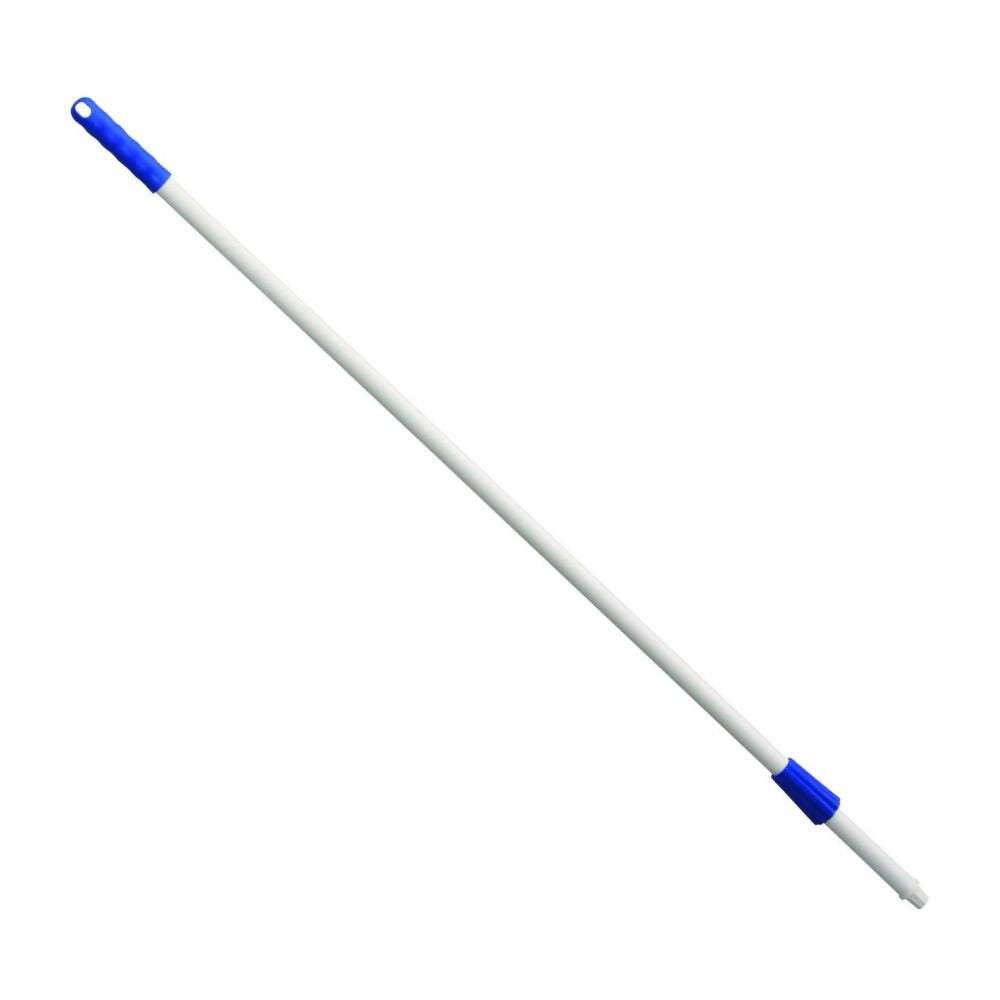 The Haug fiberglass handle blue from Haug Bürsten KG features an extendable white broom handle with a non-conductive blue grip and connection tip. Made from high-quality fiberglass, it offers durable yet stylish functionality for your cleaning tasks.