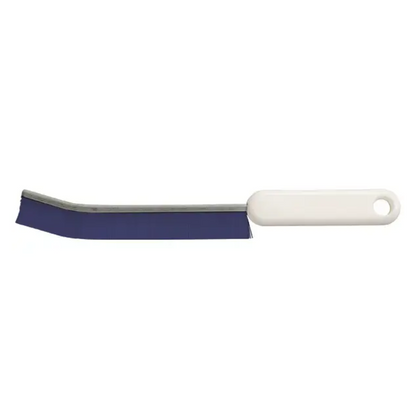 A baking brush from Haug Bürsten KG with a blue handle and white plastic design, with a hole at the end. Its densely packed bristles and slightly curved shaft make it ideal for fine work, similar to the Haug joint brush narrow PP ø 0.40 mm Hard 228 x 12 x 16 mm, available in various colors.