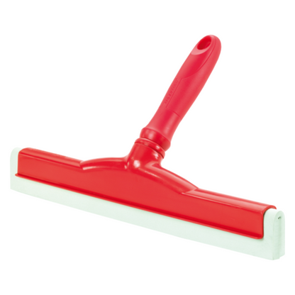 The Haug hand squeegee available in various colors from Haug Bürsten KG features a white rubber lip made of food-grade rubber and a red plastic handle, ideal for hygienic applications such as cleaning windows or showers in compliance with HACCP standards.