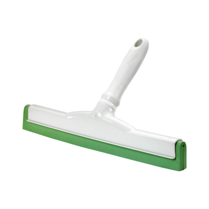 A Haug hand squeegee with food-grade rubber in white and green with a plastic handle suitable for hygienic applications stands against a simple white background. Its wide blade is designed for cleaning windows or smooth surfaces and complies with HACCP standards for safety and cleanliness.